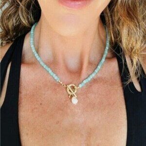 Amazonite Gemstone Necklace Baroque Pearl Pendant Removable Waterproof Gold